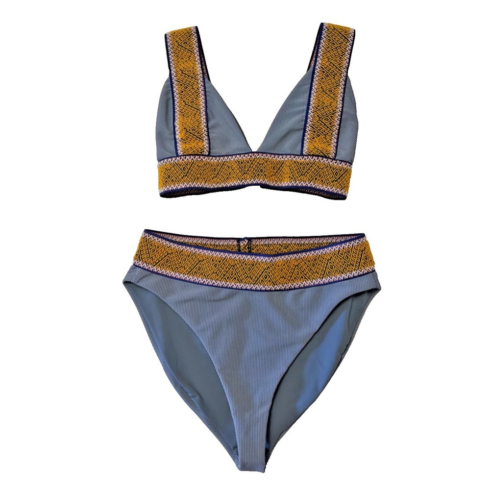 Elysiian Swim Bali Blue Embroidered Woven Zig-Zag High Waisted Bikini Swim Set M